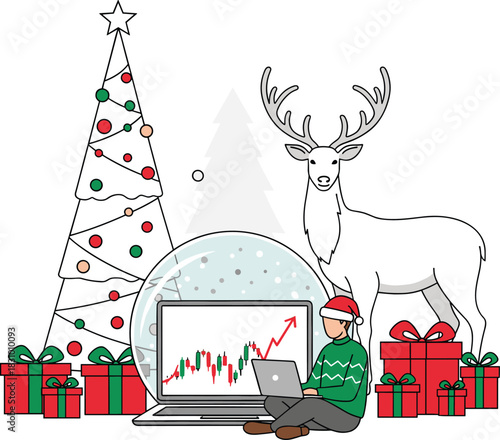 Christmas holiday illustration featuring trader with laptop, rising stock chart, reindeer, gifts, snow globe and decorated tree for festive finance concept