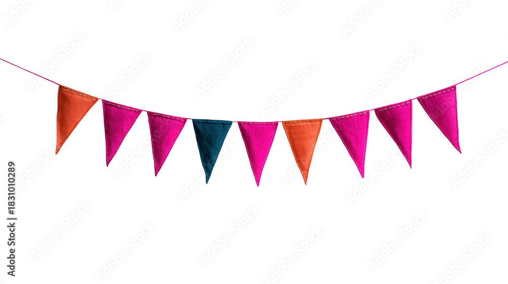 Fototapeta premium Colorful fabric pennant banner with orange, pink, and blue triangular flags, perfect for festive party decoration, celebration, or event backdrop, creating cheerful atmosphere