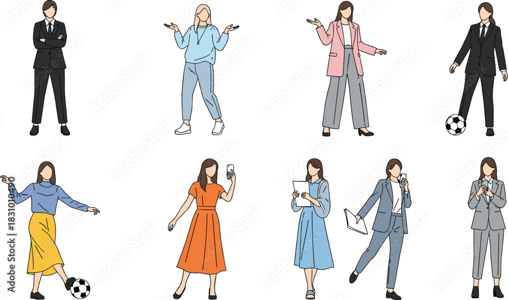 Naklejka premium Collection of diverse women in various outfits and poses, business and casual female characters performing modern activities in flat minimal illustration style