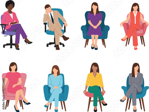 Collection of diverse people sitting in chairs, business and casual poses illustration showing workplace seating, interview posture, waiting room concept and modern lifestyle