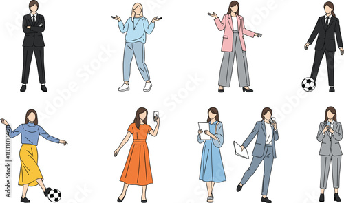 Collection of diverse women in various outfits and poses, business and casual female characters performing modern activities in flat minimal illustration style