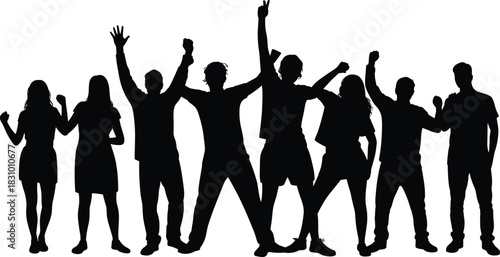 Standing silhouette group, expressive celebration poses, black vector people, unity gesture chart, excitement illustration, human posture design