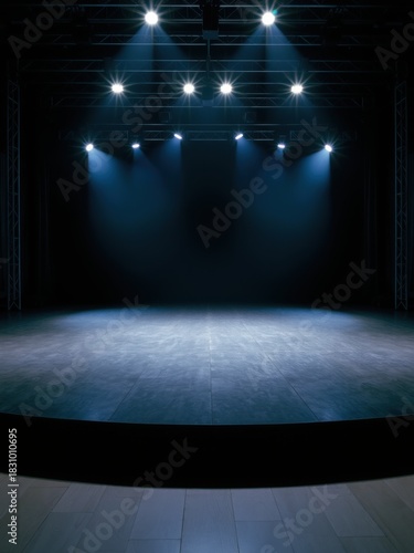 Empty theater stage illuminated by spotlights with dramatic blue lighting and dark background