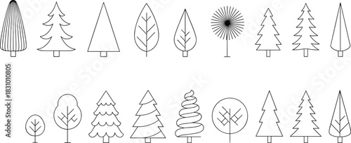 Collection of simple tree icons, minimal forest illustration set with various foliage shapes, line art trees for nature design, eco projects