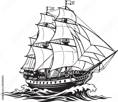 Classic tall ship sailing on rough ocean waves isolated vector