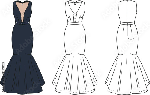 Mermaid gown fashion illustration, front and back view, technical sketch, elegant dress design, sewing pattern, apparel vector, garment construction
