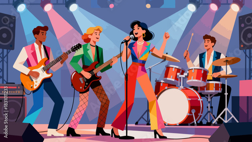 This illustration depicts a musical band (with guitar, bass, drums, and a singer) performing energetically on a stage under colorful stage lights, capturing the lively atmosphere of a live concert.