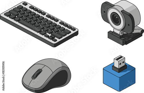 Computer accessories illustration set showing keyboard, mouse, webcam, and USB adapter in isometric style for technology, digital devices, hardware design, and IT graphics