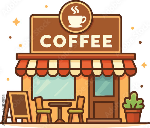 Cute coffee shop building with awning tables chairs and sign cafe storefront