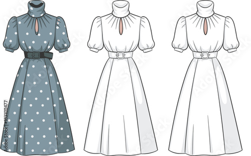 Vintage puff-sleeve dress sketch, keyhole neckline and flared skirt detail, front view, colored and technical vector illustration