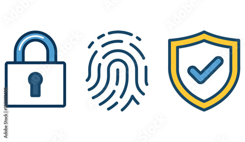 Lock, fingerprint, and shield icons, representing data protection, identity verification, and vector illustrations ideal for website design, app UI, marketing materials, presentations, 