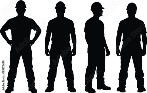 Construction worker silhouettes in various standing poses wearing safety helmets, industrial labor workforce illustration for engineering, building, factory and occupational safety concepts