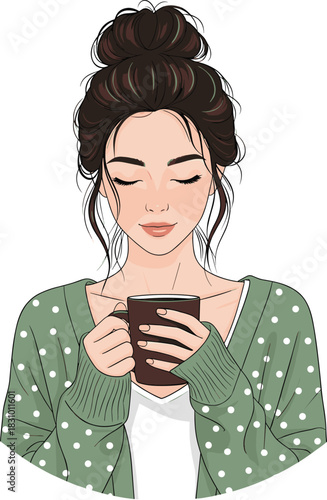 Cozy young woman holding warm coffee cup, relaxing with closed eyes in soft sweater, peaceful autumn winter illustration for lifestyle design