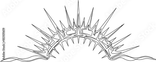 Crown of thorns illustration with sharp spikes, thorny arch design, religious symbolic artwork, detailed line drawing for tattoo, decoration, graphic art