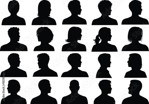 Black silhouette head profile set, diverse hairstyle icons, anonymous people illustration, vector avatar collection, minimal human shape design, stock image