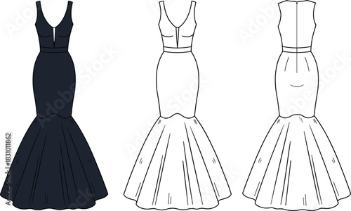 Mermaid dress fashion illustration, front and back view, technical sketch, garment design, sewing pattern, elegant silhouette, apparel vector