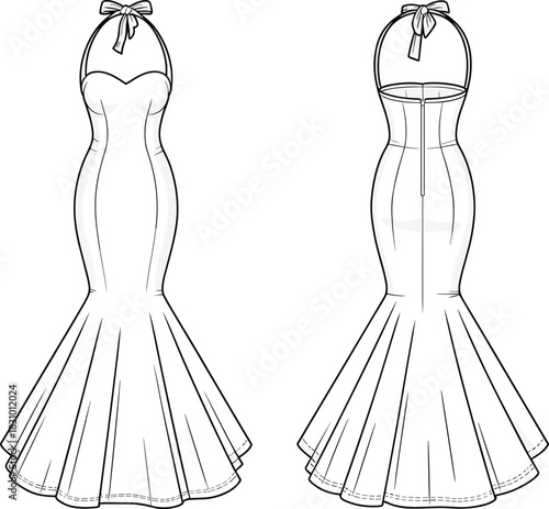 Mermaid halter dress sketch, front and back fashion view, sweetheart neckline detail, cad drawing flat vector illustration