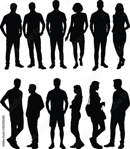 Standing silhouette fashion set, casual and stylish poses, black vector people, posture variation, clothing design illustration, human shape chart
