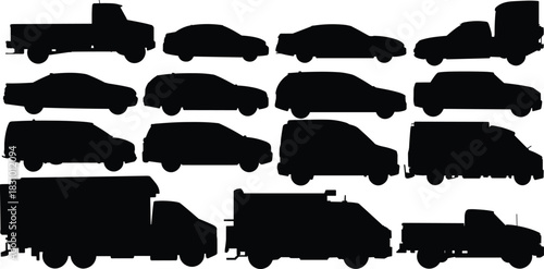 Vehicle silhouettes, car icons, truck shapes, SUV outlines, van profiles, transport symbols, automotive graphics, black silhouettes, commercial vehicles, isolated transport set