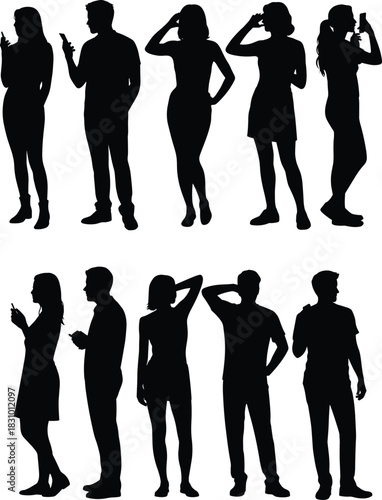 Silhouette people using mobile phones, standing pose set, black vector figures, technology behavior illustration, communication posture, modern lifestyle design