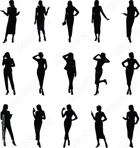 Fashion pose silhouettes, standing figures, body language, gesture icons, minimal design, vector people, modeling stance, posture set, black outline, style reference