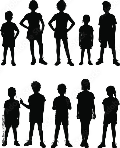 Children silhouette group, standing pose set, black vector kids, posture variation chart, clothing style illustration, identity shape design