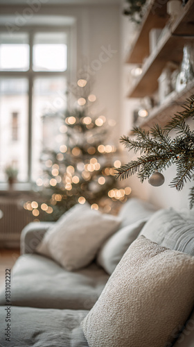 Cozy Living Room with Christmas Tree and Bokeh Lights - Festive Holiday Interior Design