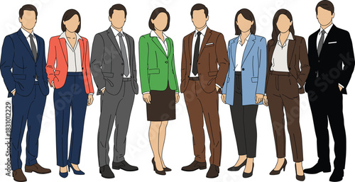 Diverse business professionals standing together in formal suits, modern corporate team illustration for business presentations, workplace design, branding and projects