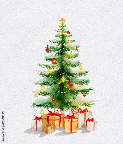 Watercolor Christmas Tree with Gifts and Star Decoration - Holiday Illustration