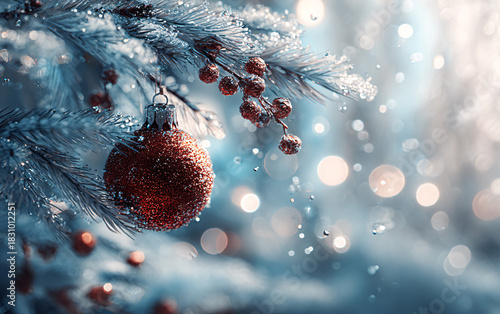 Red Christmas Ornament on Snowy Pine Branch with Bokeh Lights - Winter Holiday Decoration