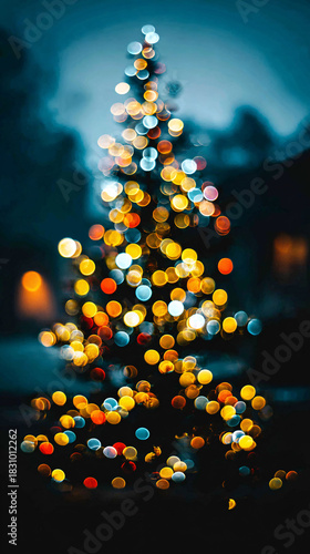 Christmas Tree with Colorful Bokeh Lights on Dark Blue Background - Festive Holiday Design