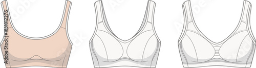 Bra style comparison sketch, seamless, structured, and high-support design detail, front fashion view, cad drawing flat vector illustration