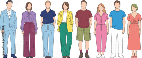 Diverse group illustration of stylish men and women standing in modern casual and formal outfits, perfect for fashion design, presentation, and advertising