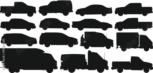 Silhouettes of diverse vehicle types including cars, trucks, vans, SUVs, commercial transport, arranged in grid for classification, analysis, design