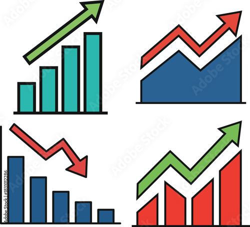 Four bar chart icons showing upward and downward trends with arrows graph up arrow