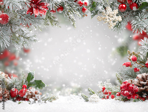 Snowy Christmas Background with Pine Branches Red Berries and Holiday Decorations