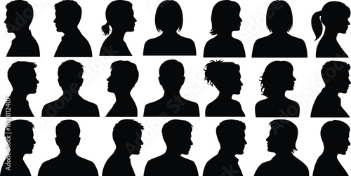 Human profile silhouette set, diverse head shapes, black vector faces, hairstyle variation chart, side view illustration, identity design