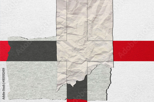 Abstract artwork showcases collage of textures: white paper, textured fabric, and solid red with linear details, creating a visually captivating composition.