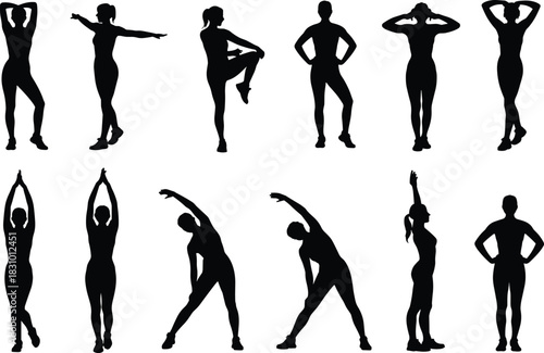 Stretching silhouette set, exercise poses, black vector human figures, warm-up posture chart, fitness movement design, flexibility illustration