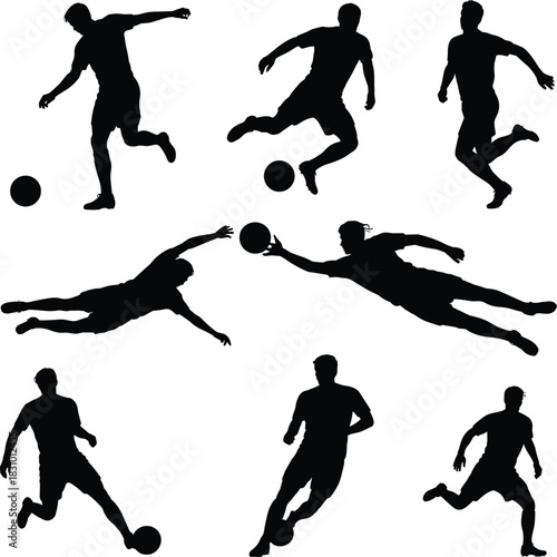 Soccer player silhouettes, football poses, athlete actions, kicking, dribbling, running, goalkeeping, sports movement, black figures, isolated dynamic set