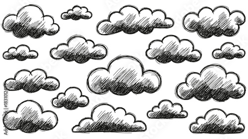 Collection of hand drawn sketch clouds on white background