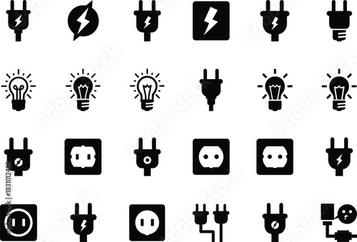 Electric plug and light bulb icon collection featuring power symbols, energy connection graphics, electrical socket silhouettes for technology, utility and wiring design projects