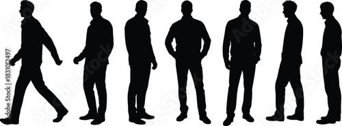 Male silhouette set, standing and walking poses, black vector men, posture variation chart, gesture illustration, identity shape design