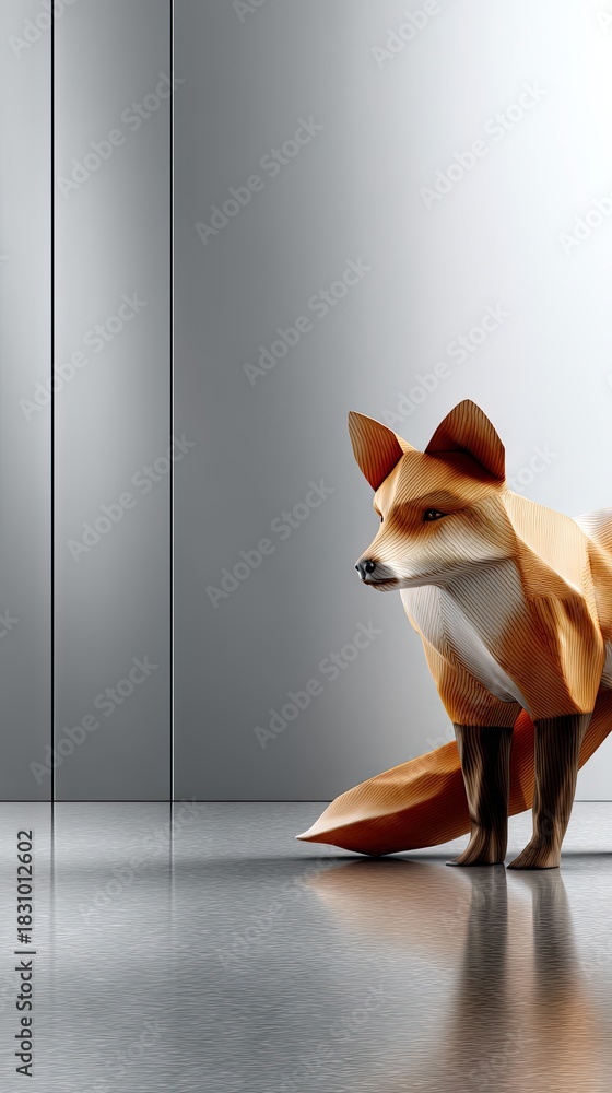 Obraz premium A realistic 3D model of a fox standing in a modern indoor setting with sleek walls and polished flooring