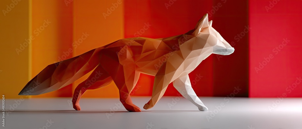Fototapeta premium Colorful geometric fox figure walking against a vibrant orange and red backdrop in a bright art studio space