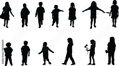 Children silhouette poses, walking and standing, black vector kids, expressive posture set, object holding design, activity illustration chart