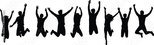 Jumping silhouette group, raised arms pose, black vector people, celebration movement design, joyful gesture illustration, unity expression chart