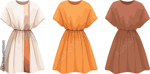 Short sleeve dress illustration, striped and solid color variations, fashion sketch, vector template, cad drawing flat vector illustration