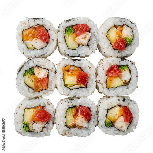 Fresh Sushi Rolls With Colorful Fillings Arranged Neatly on a White Surface