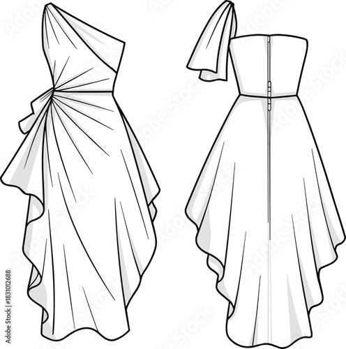Elegant asymmetrical dress fashion sketch, one shoulder gown illustration, high-low hemline, pleated back view, cad drawing flat vector illustration